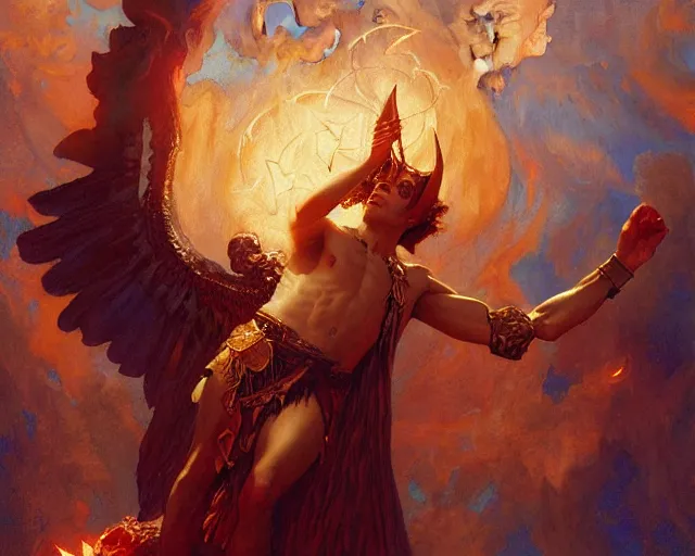 Image similar to attractive male deity, casting demonic magic, summoning handsome lucifer morning star. highly detailed painting by gaston bussiere, craig mullins, j. c. leyendecker 8 k