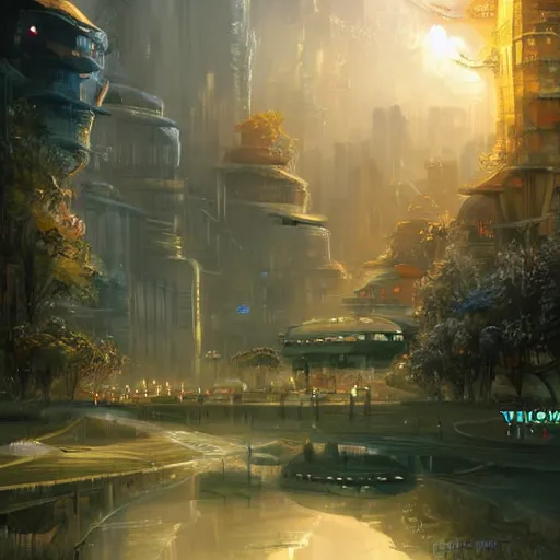 Prompt: Beautiful happy picturesque charming sci-fi city in harmony with nature. Beautiful light. Nice colour scheme, soft warm colour. Beautiful detailed artistic digital painting by Vincent. (2022)