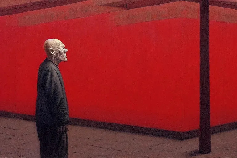 Image similar to only with red, a red old man try to sell a portrait, a crowd cheering, in a city square, in the style of beksinski, parts by edward hopper, parts by rodcenko, parts by yue minjun, intricate and epic composition, red by caravaggio, insanely quality, highly detailed, masterpiece, red light, artstation, 4 k