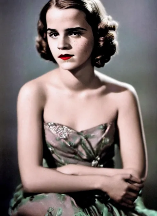 Prompt: Retro color photography 1940s portrait Hollywood headshot of Emma Watson