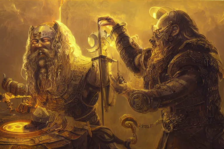 Image similar to mythological high-tech viking odin all father Shaman of artificial intelligence creating an artificial neural network, deep learning creation, with yellow synapses on an anvil, high resolution, award winning art, trending on art station, sharp image, incredibly detailed, detailed character realistic painting