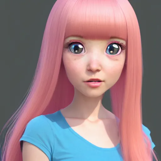 Image similar to A portrait of Nikki from Shining Nikki and Love Nikki, a cute 3d cgi toon young woman with long light pink hair, full bangs, hazel eyes, full round face, light makeup, pale skin, Chinese heritage, in the center midground, medium shot, mid-shot, hyperdetailed, 8k, trending on artstation, as a Pixar character