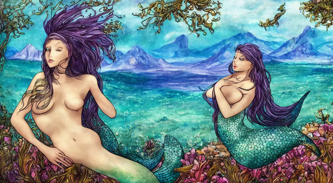 Prompt: one beautiful mermaid, close-up, realistic, very detailed, photo, devianArt, beautiful background with mountains and forests, colorful