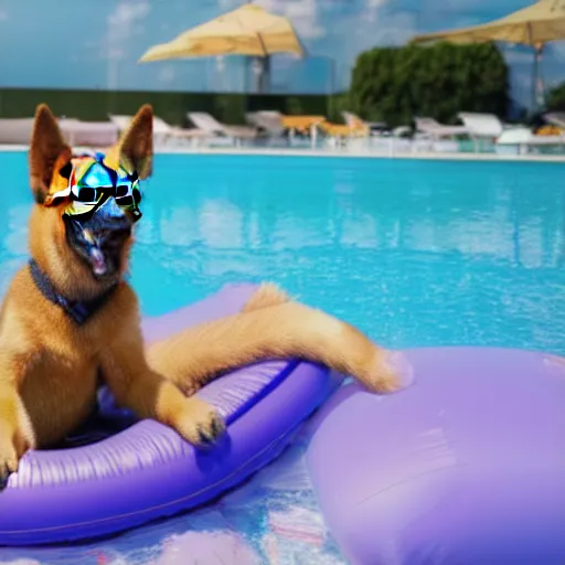 Prompt: An anthropomorphic GSD puppy with hands enjoying a cosmopolitan cocktail and wearing blue-flash Ray-ban sunglasses in a swimming pool while floating on an inflatable raft, tranquil, breezy background, city high-rise, atmospheric, hazy, sweltering, autochrome, 4k, reflections, ue5, digital art