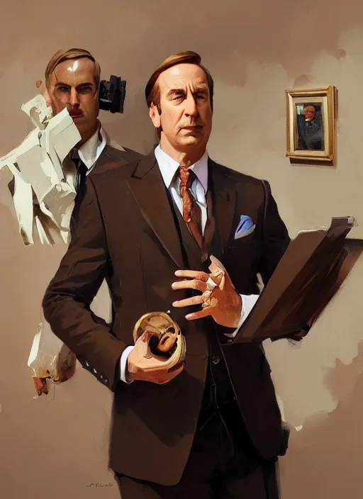 Image similar to portrait of saul goodman, lawyer clothing, painting by sargent and leyendecker, asymmetrical, intricate, elegant, matte painting, illustration,, by rhads, by greg rutkowski, by greg tocchini, by james gilleard, by joe fenton