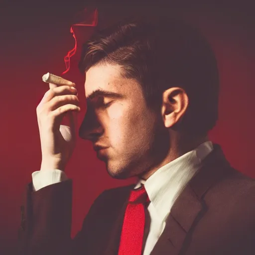 Image similar to side view head and shoulders man with dark brown hair smoking cigarettes wearing red suit with green tie dramatic moody lighting melancholy