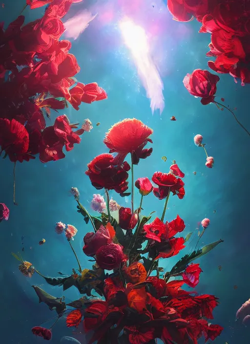 Image similar to An epic fantastic realism comic book style painting of the most beautiful flowers launched into space, bouquets, fisheye lens, unreal 5, DAZ, hyperrealistic, octane render, dynamic lighting