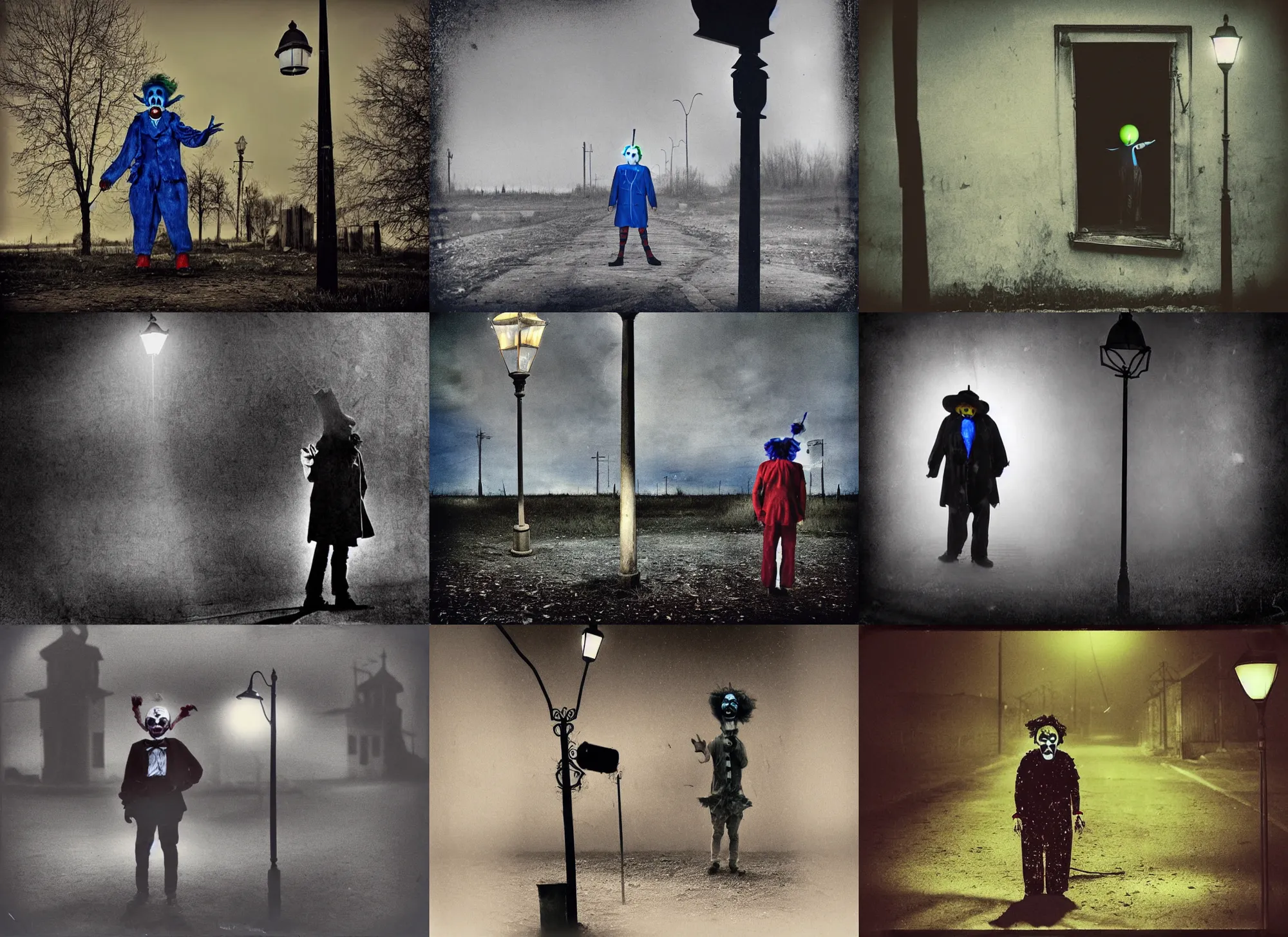 Image similar to a thin scary clown in torn clothes stands under a lamppost that shines a blue light on the clown, pitch darkness around the post, everything happens at night in an old soviet village, the photo was taken from afar, the clown is far from the camera, hidden shooting, distorted photo, dark atmosphere, horror, scary, Wildlife photography, Polaroid, bad quality, distorted, Night, dark