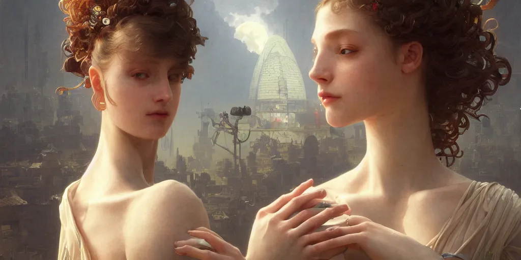 Image similar to hyperrealistic solarpunk photography portrait of a female android, intricate, elegant, highly detailed, digital painting, artstation, concept art, smooth, sharp focus, illustration, art by artgerm and greg rutkowski and alphonse mucha and william - adolphe bouguereau