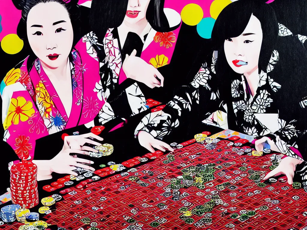 Image similar to hyperrealism composition of the detailed woman in a japanese kimono sitting at an extremely detailed poker table with darth vader, fireworks on the background, pop - art style, jacky tsai style, andy warhol style, acrylic on canvas