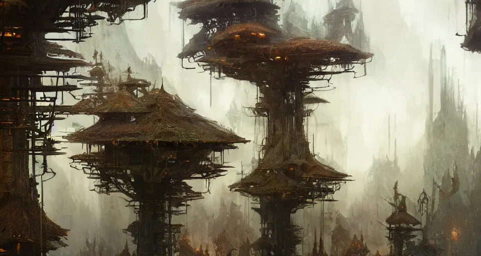 Image similar to city of tree - houses at caras galadhon, intricate, elegant, highly detailed, john park, frazetta, john howe, ruan jia, jeffrey catherine jones