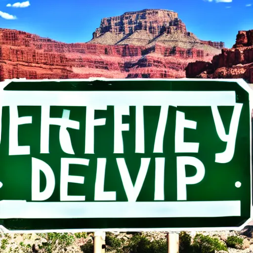 Prompt: A green sign that says Very Deep Learning and is at the edge of the Grand Canyon. Puffy white clouds are in the sky. - 4