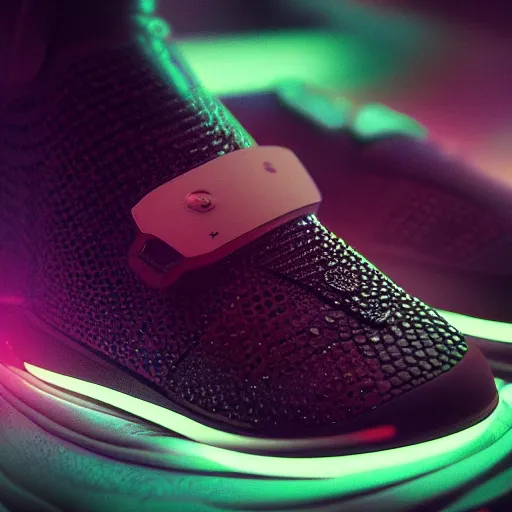 Image similar to spaceship sneakers on a dark neon background, cinematic shot, intricate, ornate, photorealistic, ultra detailed, realistic, 1 0 0 mm, photography, octane, high definition, depth of field, bokeh, 8 k, behance, artstation