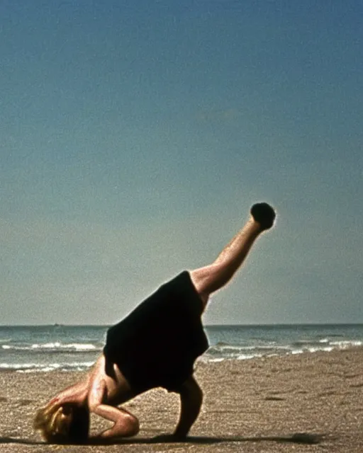 Prompt: film still close - up shot of boris johnson doing cartwheels on the beach from the movie monty python's the meaning of life. photographic, photography