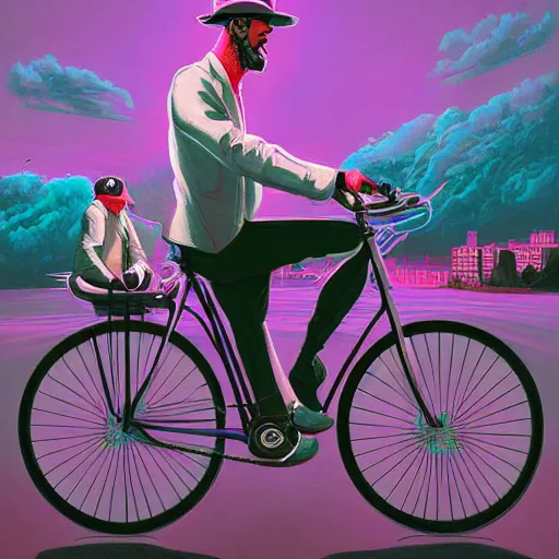 Image similar to a beautiful painting of a very detailed gangster riding a bike by dan mumford, beeple, trending on artstation, vapourwave