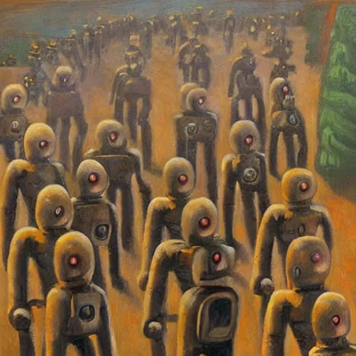 Image similar to robots marching off of a cliff, dystopian, pj crook, edward hopper, oil on canvas