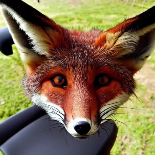 Prompt: a fish-eye lens view of a fox sitting on a chair