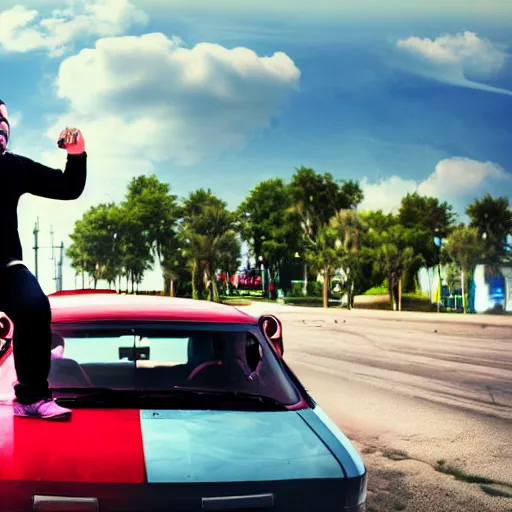 Prompt: Smash Mouth singer squats on top of a car, Realistic, HDR, HDD, Dynamic Lighting