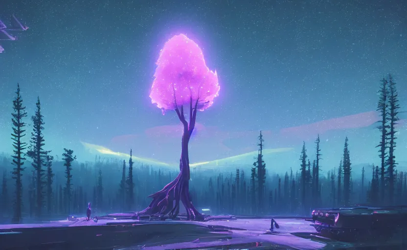 Image similar to A starry landscape with a giant thin tree, Low level, rendered by Beeple, Makoto Shinkai, syd meade, simon stålenhag, environment concept, synthwave style, digital art, unreal engine, WLOP, trending on artstation, 4K UHD image, octane render,