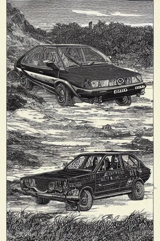 Image similar to 19th century wood-engraving of Toyota Corolla V, whole page illustration from Jules Verne book, art by Édouard Riou Jules Férat and Henri de Montaut, high quality, beautiful, removed watermarks