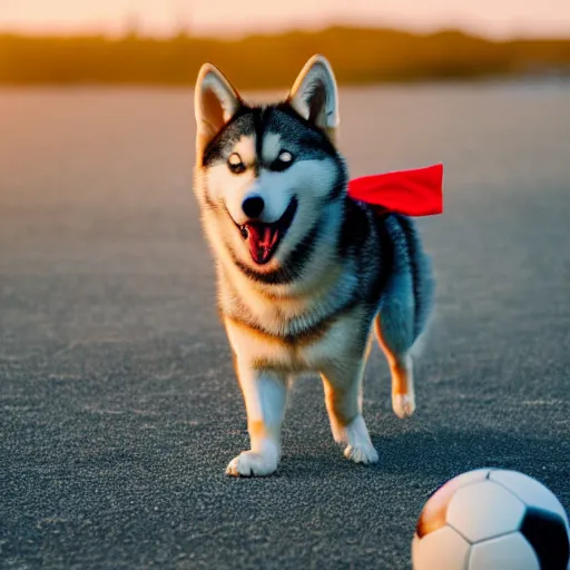 Prompt: a playful caramel husky wearing a red bandana, playing soccer on the beach, Golden hour, bokeh , 4k