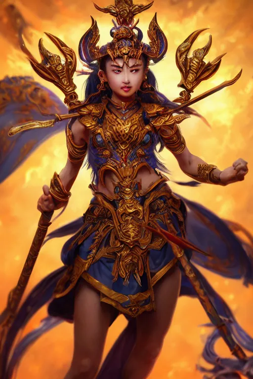 Prompt: a masterpiece portrait of nezha, legendary god holding spear and stand in flame, hero action pose, fantasy character portrait, closeup shot, hyper detailed, digital painting, 8 k realistic, trending on artstation, sharp focus, dof, by fenghua zhong, artgerm, ne zha from smite, tsuyoshi nagano, artgerm