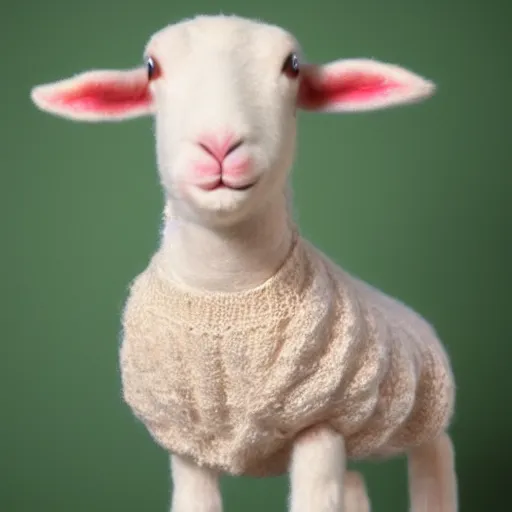 Prompt: lamb wearing a sweater, canon portrait, full body shot 4k, blurry background, artwork, artstation,