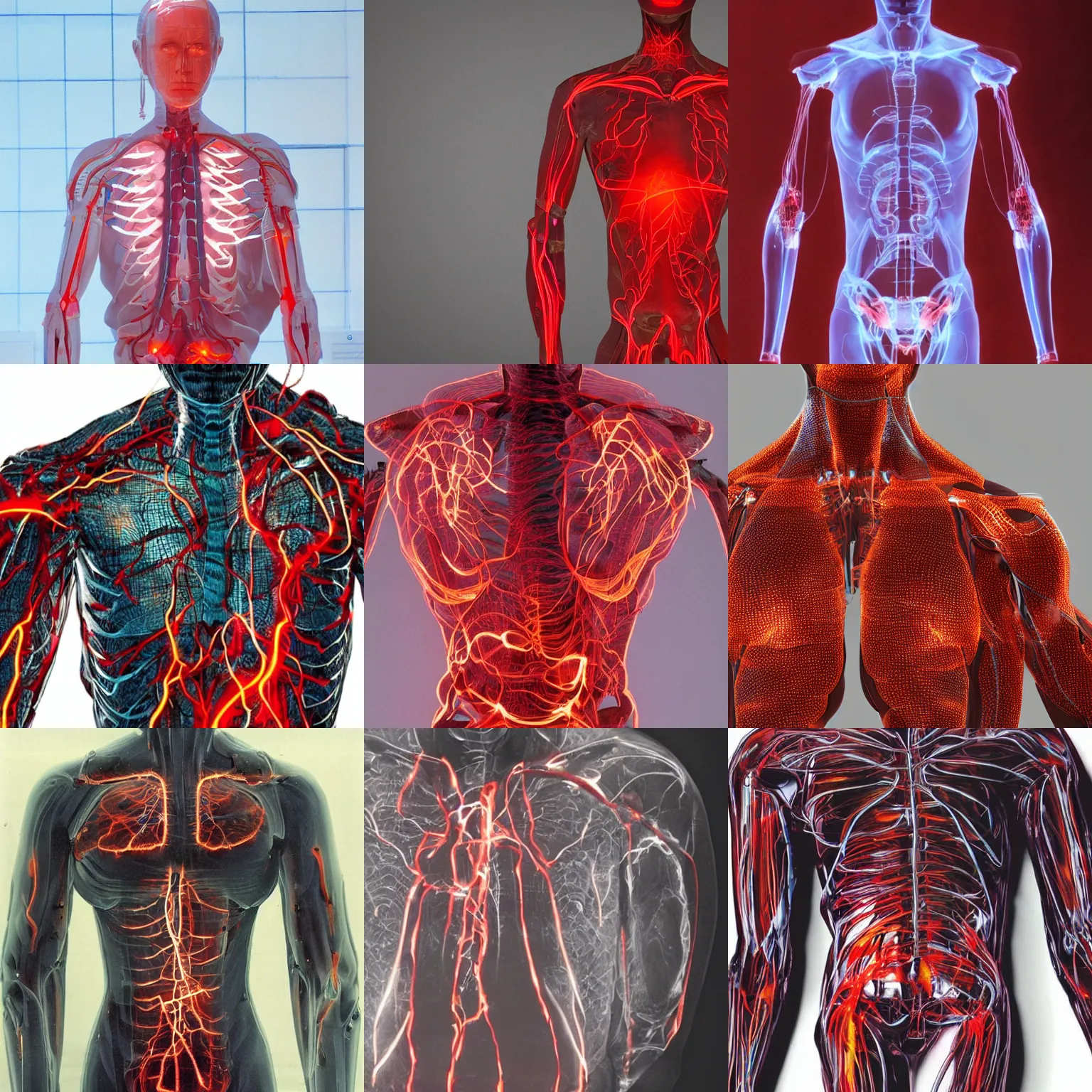 Prompt: medium shot of a see through torso display of a bio - electrical humanoid, glowing red veins, centerpiece