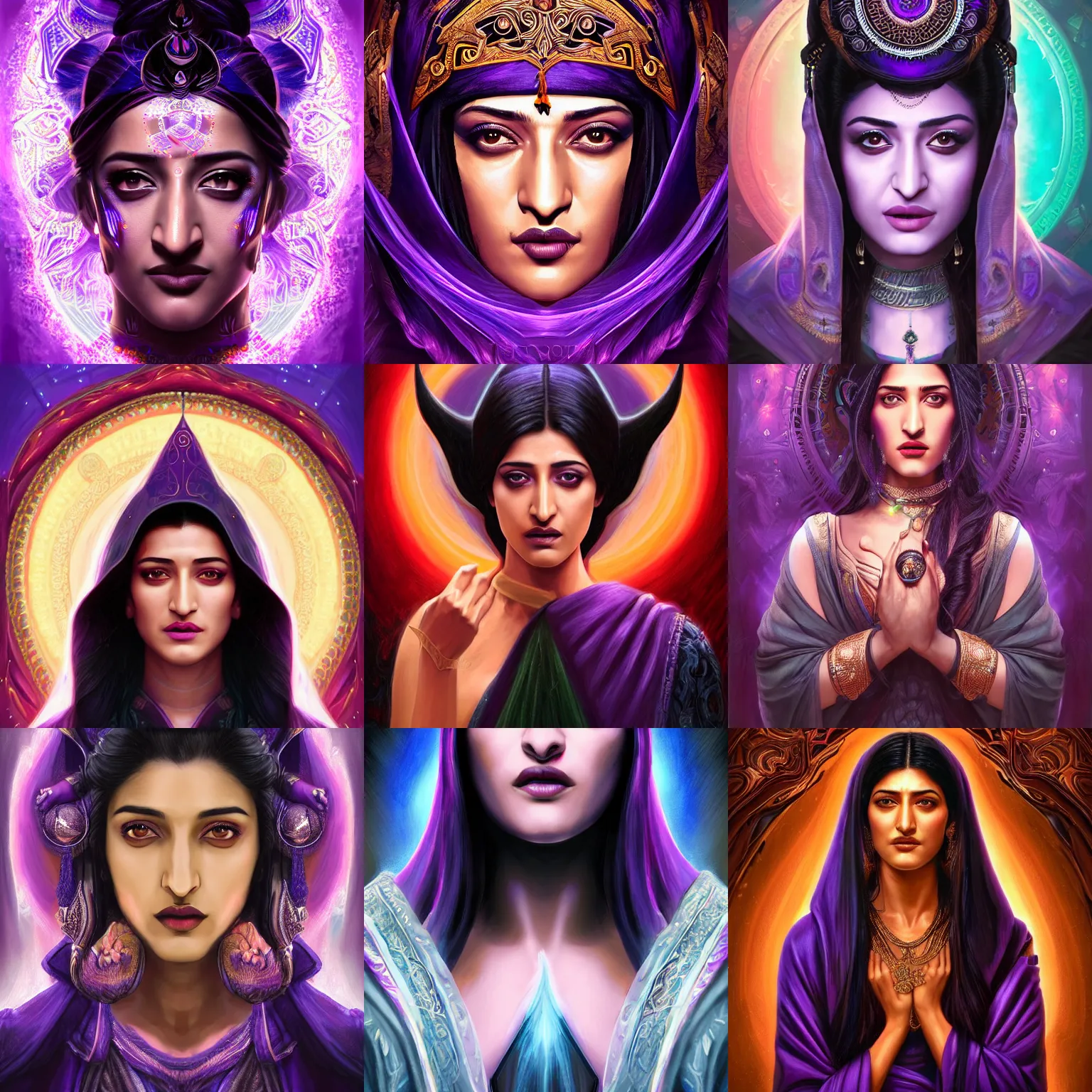 Prompt: head-on centered symmetrical painted portrait, Shruti Hassan as a Sorcerer, black hair, purple robes, dramatic lighting, intricate, fantasy, intricate, elegant, highly detailed, digital painting, smooth, sharp focus, illustration, dramatic lighting, artstation, in the style of Artgerm and Anna Podedworna