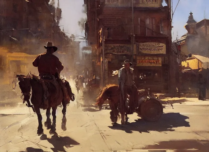 Image similar to oil painting of old rugged cowboy in wild west street setting, art by anders zorn, wonderful masterpiece by greg rutkowski, beautiful cinematic light, american romanticism by greg manchess, reflections in copper, sunlight, dust and steam