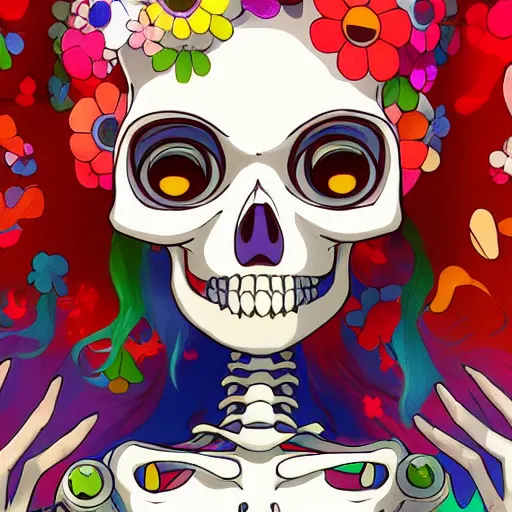 Prompt: manga fine details portrait of joyful skull girl skeleton, bokeh. anime masterpiece by Studio Ghibli. 8k render, sharp high quality anime illustration in style of Takashi Murakami, artstation