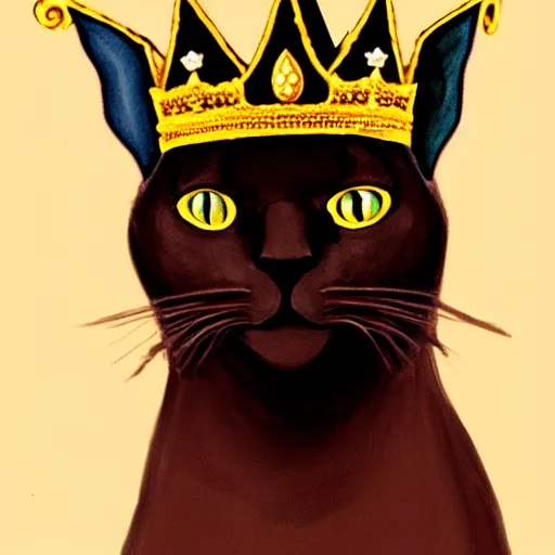 Image similar to chocolate burmese cat wearing royal crown and robes, artstation, fantasy