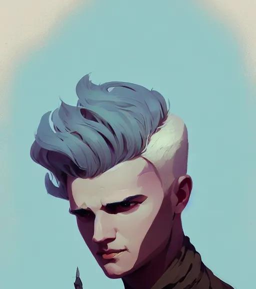 Image similar to portrait of a young man, raised on the island, white hair, face tatooes by atey ghailan, by greg rutkowski, by greg tocchini, by james gilleard, by joe fenton, by kaethe butcher, dynamic lighting, gradient light blue, brown, blonde cream and white color scheme, grunge aesthetic