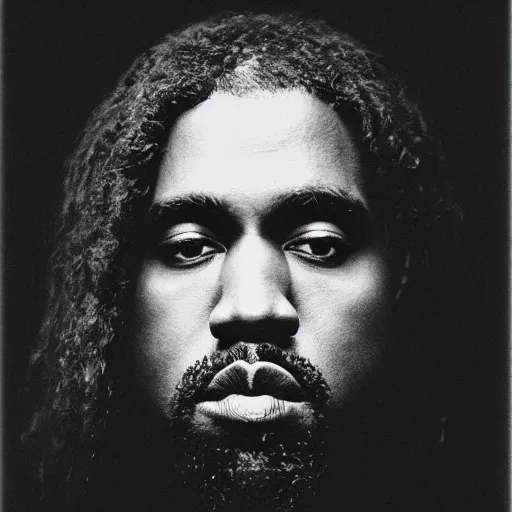 Image similar to a chiaroscuro lighting portrait of kanye west dressed as jesus, black background, portrait by julia margaret cameron, shallow depth of field, 8 0 mm, f 1. 8