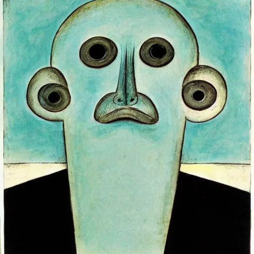 Image similar to aquamarine by ben shahn wormhole. a beautiful installation art of a giant head. the head is bald & has a big nose. the eyes are wide open & have a crazy look. the mouth is open & has sharp teeth. the neck is long & thin.