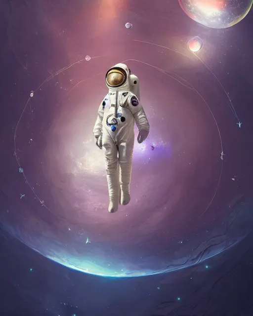 Prompt: wide shoot portrait of ethereal intricate cosmonaut lie relaxed on a crescent moon between the stars and the planets in outer space, cosmonaut post grunge concept art,high detail,4k, trending on artstation by Yoshitaka Amano, josan gonzalez and tyler edlin