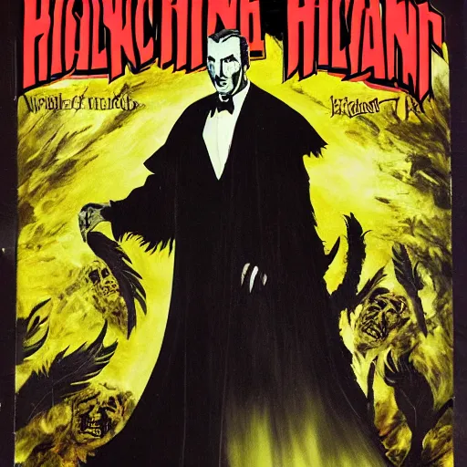 Image similar to vincent price as billionaire howard hughes in long black feathered cloak, black hands tipped with black claws, feathers growing out of skin, at opulent desk, comic book cover, vivid, mike mignogna, illustration, highly detailed, rough paper, dark, oil painting