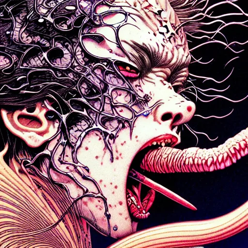 Image similar to closeup of face melting and tongues, by yoichi hatakenaka, masamune shirow, josan gonzales and dan mumford, ayami kojima, takato yamamoto, karol bak