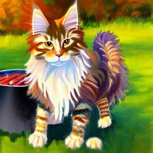 Prompt: beautiful impressionist painting of an ginger maine coon with a white beard cooking a bbq outside