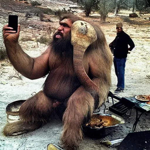 Prompt: “color photo of a Neanderthal man taking an iPhone photo of a mammoth cooking on the grill, National Geographic , anthropology photo”