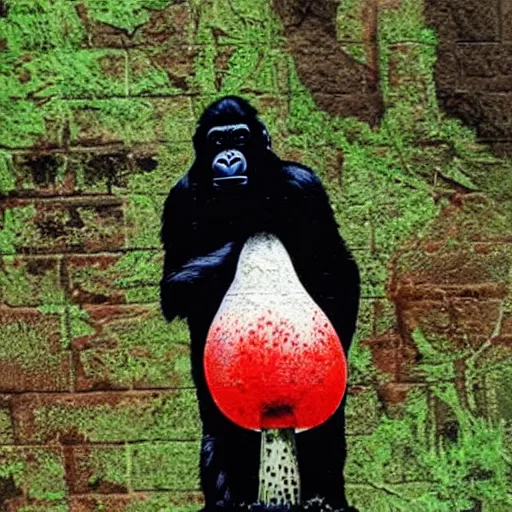 Prompt: gorilla holding an amanita muscaria made by banksy