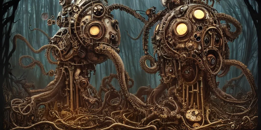 Image similar to biomechanical steampunk creature with robotic parts and big octopus head and (glowing) eyes guarding an ancient chest in a mystic forest, gothic and baroque, brutalist architecture, ultradetailed, creepy ambiance, artgerm, giger, Intricate by Ellen Jewett and Josan Gonzalez and Giuseppe Arcimboldo