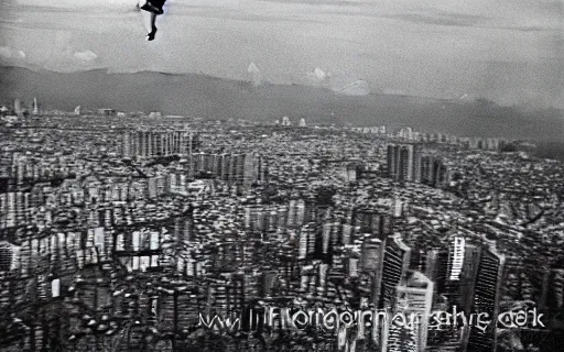 Prompt: A Filipino teenager flying above Metro Manila, 35mm film, ethereal, rule of thirds by Iwai Shunji