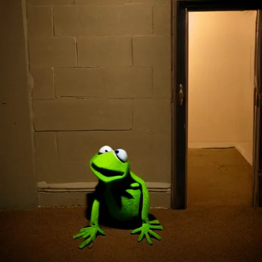 Image similar to kermit in the backrooms, dark and eerie