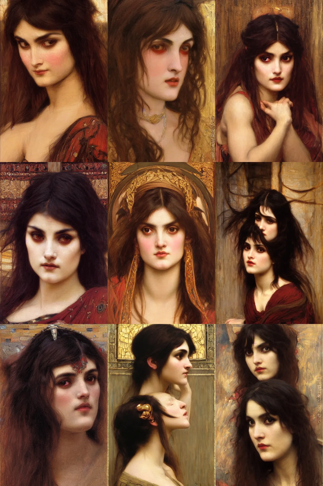 Prompt: orientalism face detail of a demoness with bangs and dark curls by edwin longsden long and theodore ralli and nasreddine dinet and john william waterhouse, masterful intricate art. oil on canvas, excellent lighting, high detail 8 k