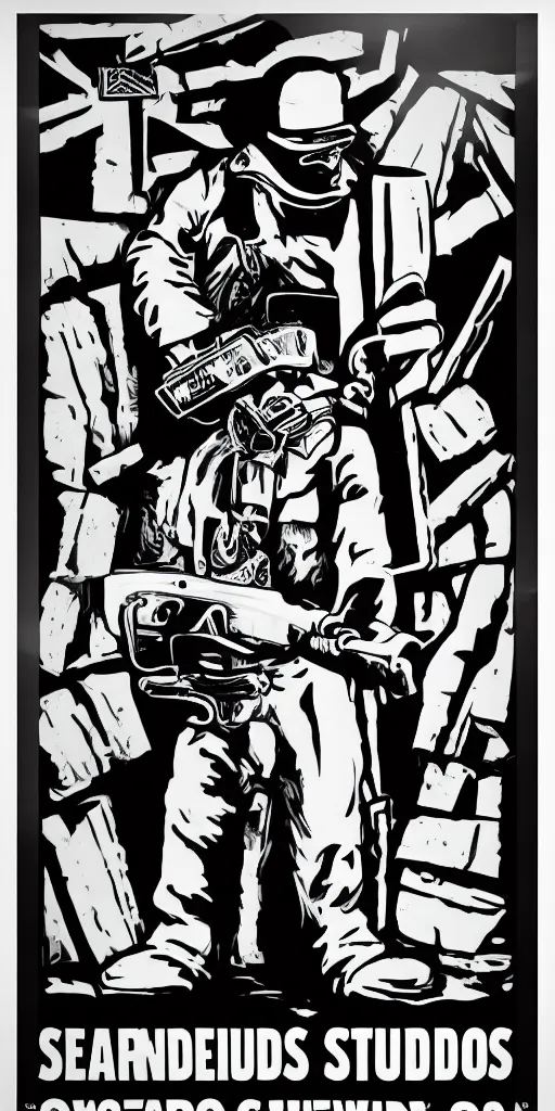 Image similar to propaganda poster for a studio with a chainsaw, black and white, street printed poster, socialist,