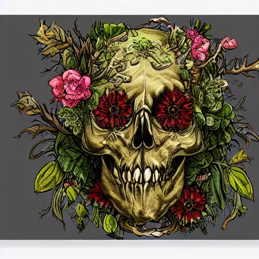 Image similar to detailed rotten skull corpse with fractal plants and fractal flowers and mushrooms growing around, symmetrical, ornate, ornamentation, illustration, in the style of onz _ blk