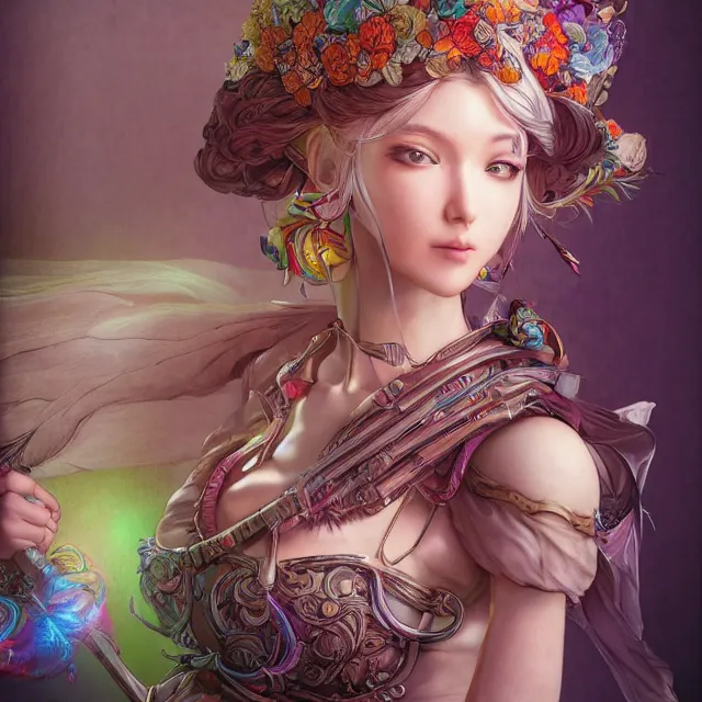 Prompt: studio portrait of neutral good rainbow colorful female cleric bard healer as absurdly beautiful, elegant, young skinny western gravure idol, an ultrafine hyperdetailed illustration by kim jung gi, intricate linework, detailed faces, super sharp focus, bright colors, octopath traveler, final fantasy, unreal engine 5 highly rendered, global illumination, radiant light, detailed and intricate environment