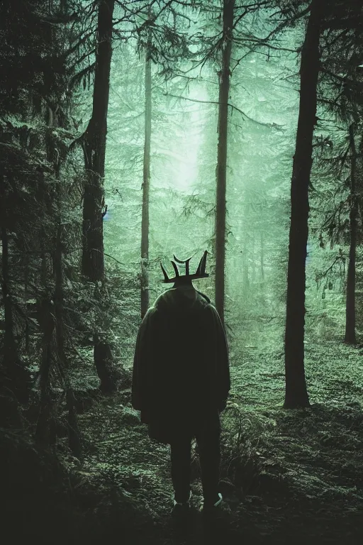 Image similar to kodak portra 4 0 0 photograph of a guy wearing a kings crown standing in a dark fantasy forest, back view, lens flare, moody lighting, moody vibe, telephoto, 9 0 s vibe, blurry background, grain, tranquil, calm, faded!,