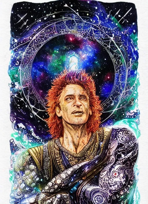 Image similar to high intricate colored ink drawing of the sandman holding a glimmering galaxy, full shot, neil gaiman, maria panfilova, andrea savchenko, mike kime, ludovic plouffe, qi sheng luo, oliver cook, julian calle, eddie mendoza, trending on artstation